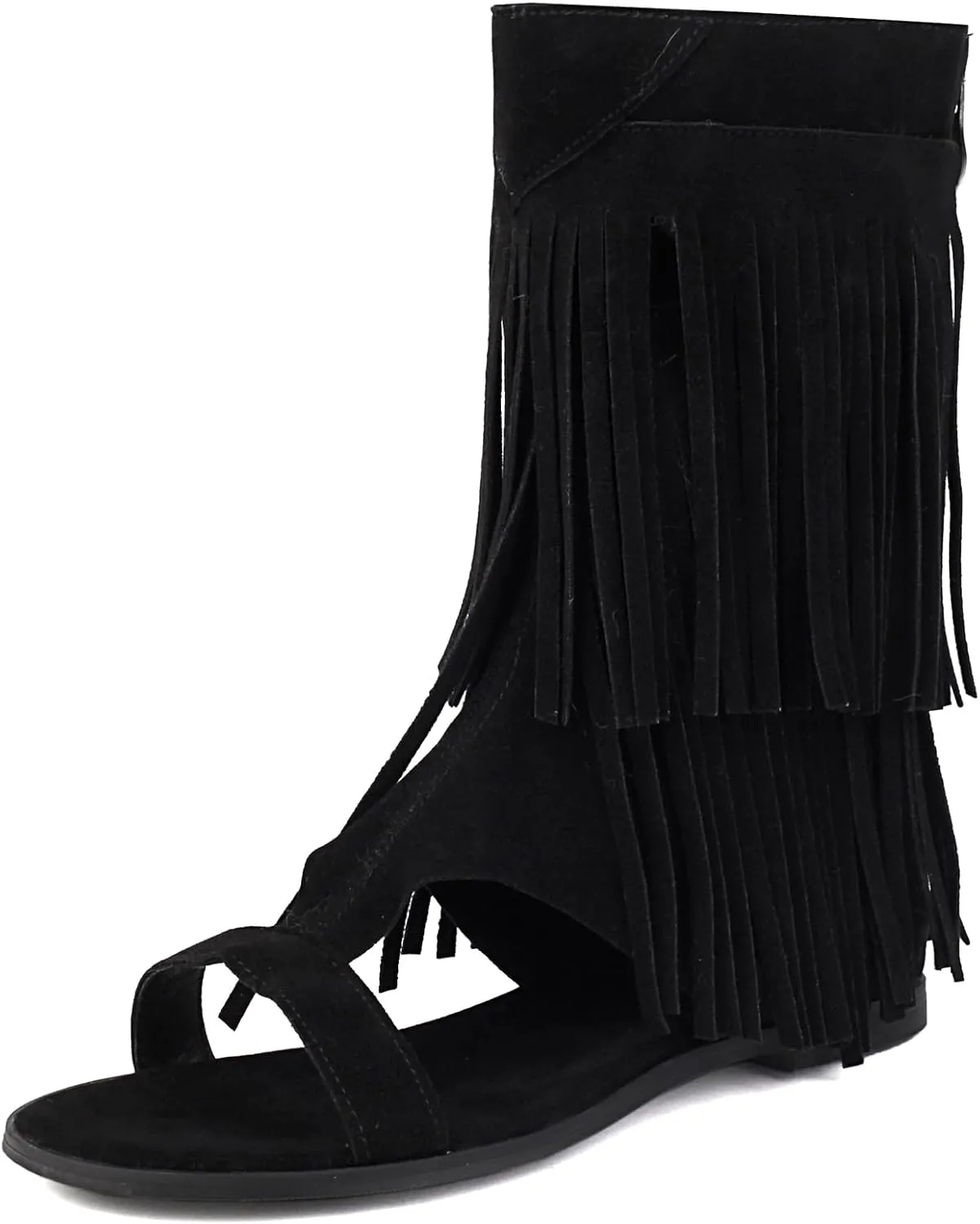 Fashion Faux Suede Tassel Roman Summer Boots for Women Round Open Toe Bohemia Fringe Booties