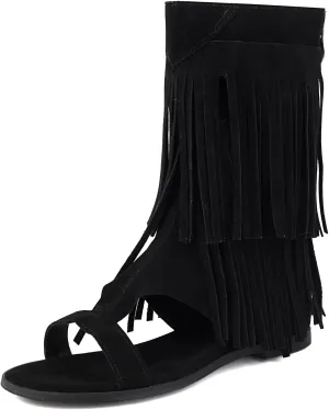 Fashion Faux Suede Tassel Roman Summer Boots for Women Round Open Toe Bohemia Fringe Booties