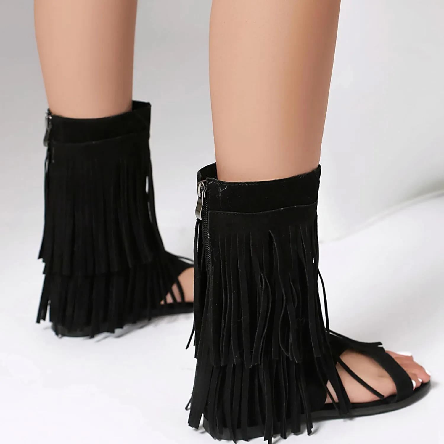 Fashion Faux Suede Tassel Roman Summer Boots for Women Round Open Toe Bohemia Fringe Booties
