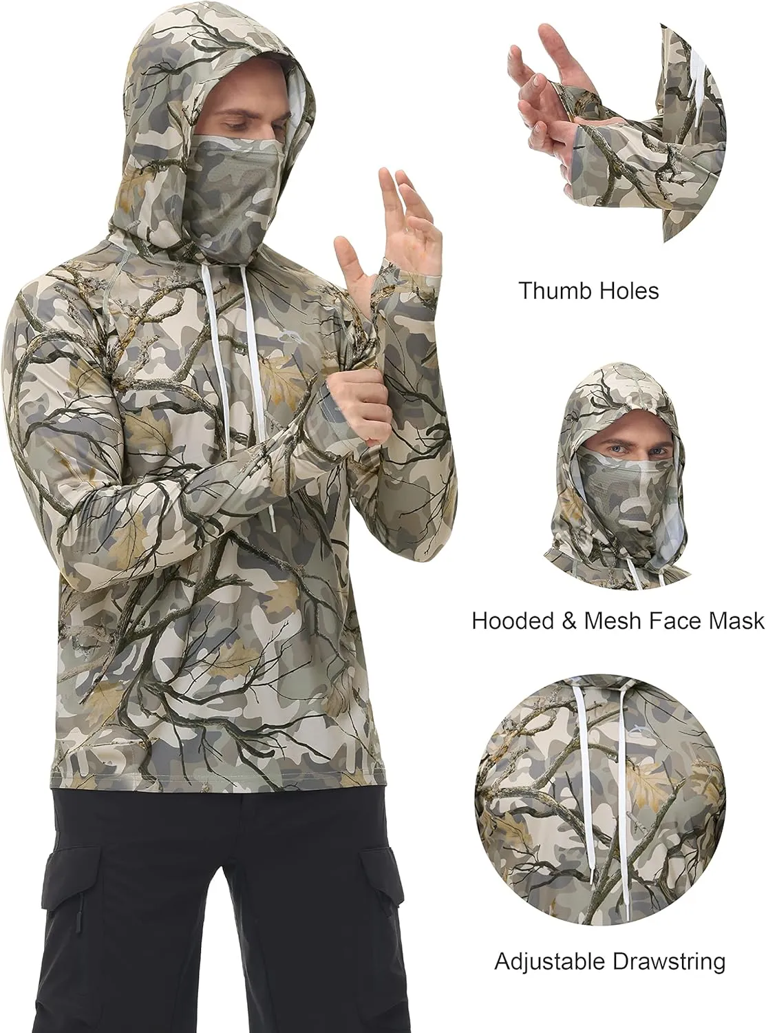 FISHEAL Men's Hunting Shirts with Mask - UPF 50  Camo Long Sleeve Fishing Hoodie Shirt with Adjustable Drawstring