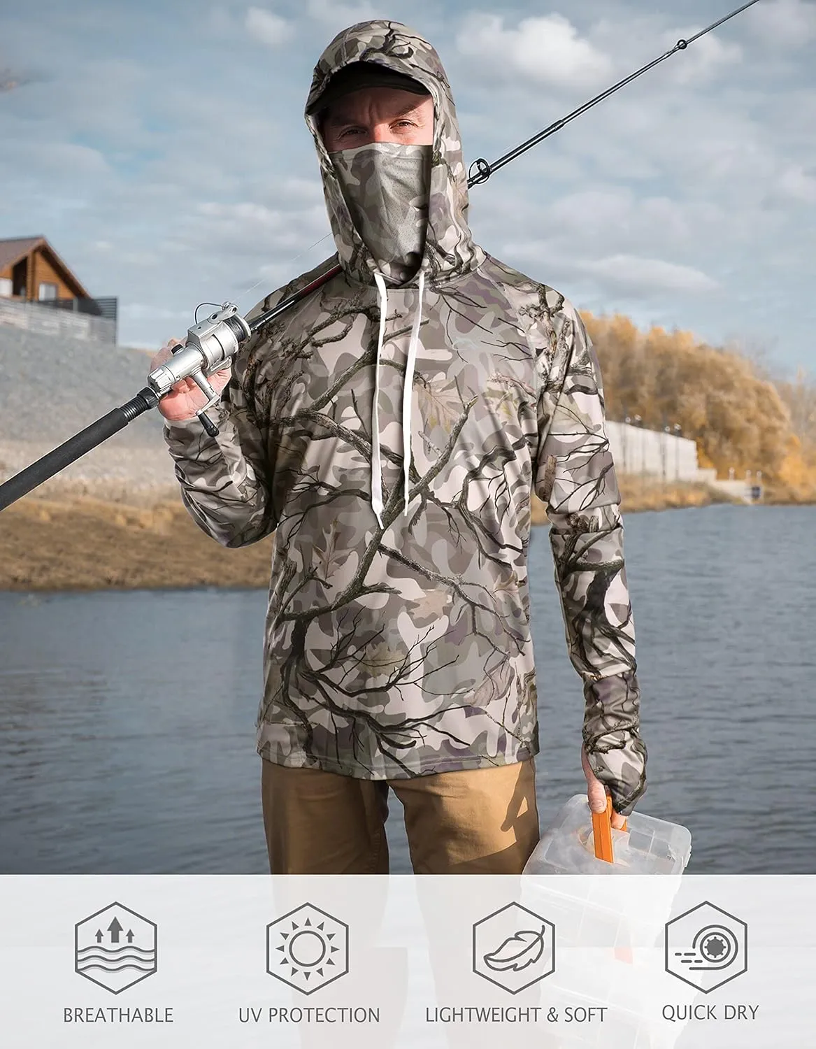 FISHEAL Men's Hunting Shirts with Mask - UPF 50  Camo Long Sleeve Fishing Hoodie Shirt with Adjustable Drawstring