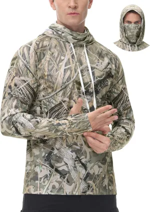 FISHEAL Men's Hunting Shirts with Mask - UPF 50  Camo Long Sleeve Fishing Hoodie Shirt with Adjustable Drawstring