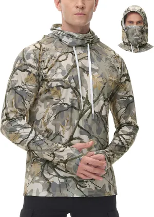 FISHEAL Men's Hunting Shirts with Mask - UPF 50  Camo Long Sleeve Fishing Hoodie Shirt with Adjustable Drawstring
