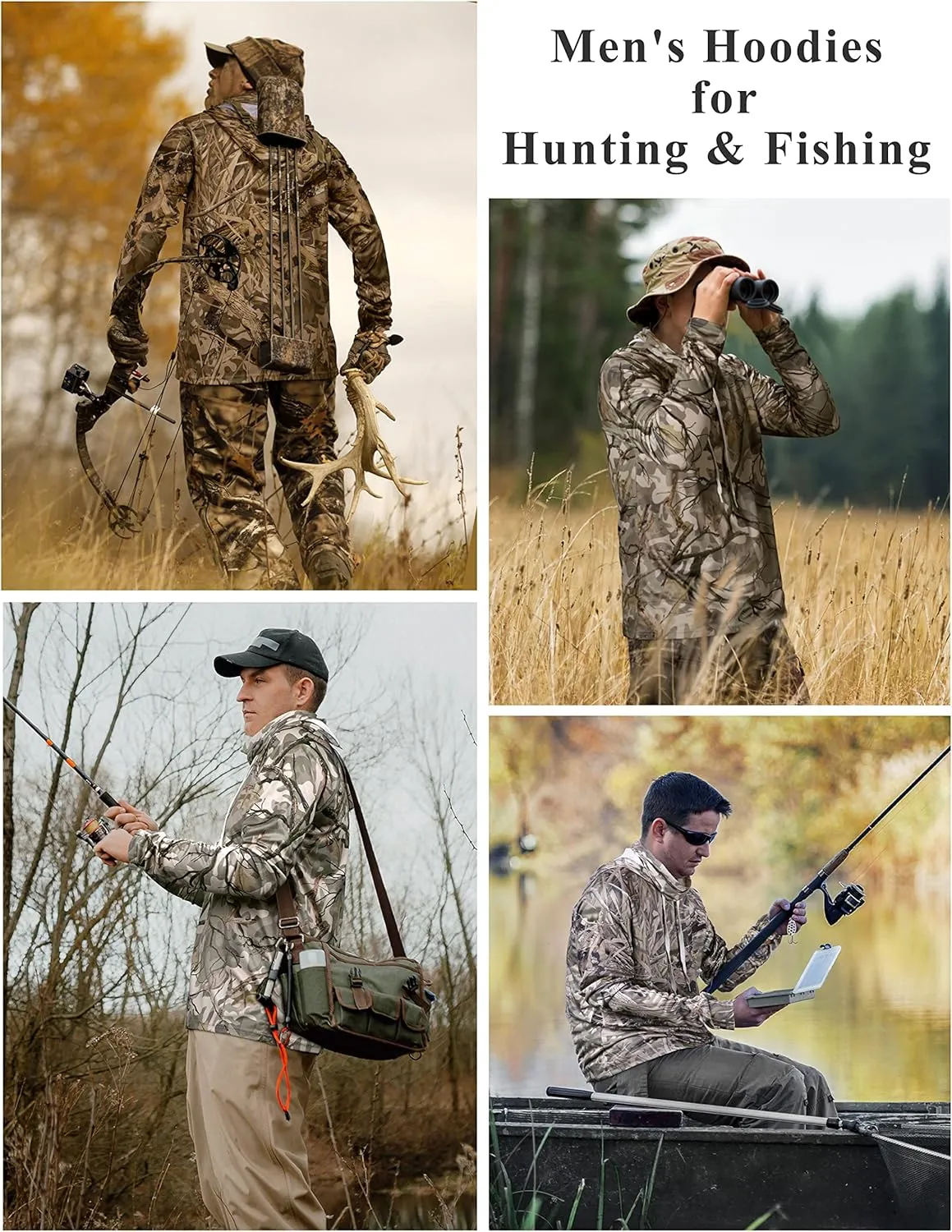 FISHEAL Men's Hunting Shirts with Mask - UPF 50  Camo Long Sleeve Fishing Hoodie Shirt with Adjustable Drawstring