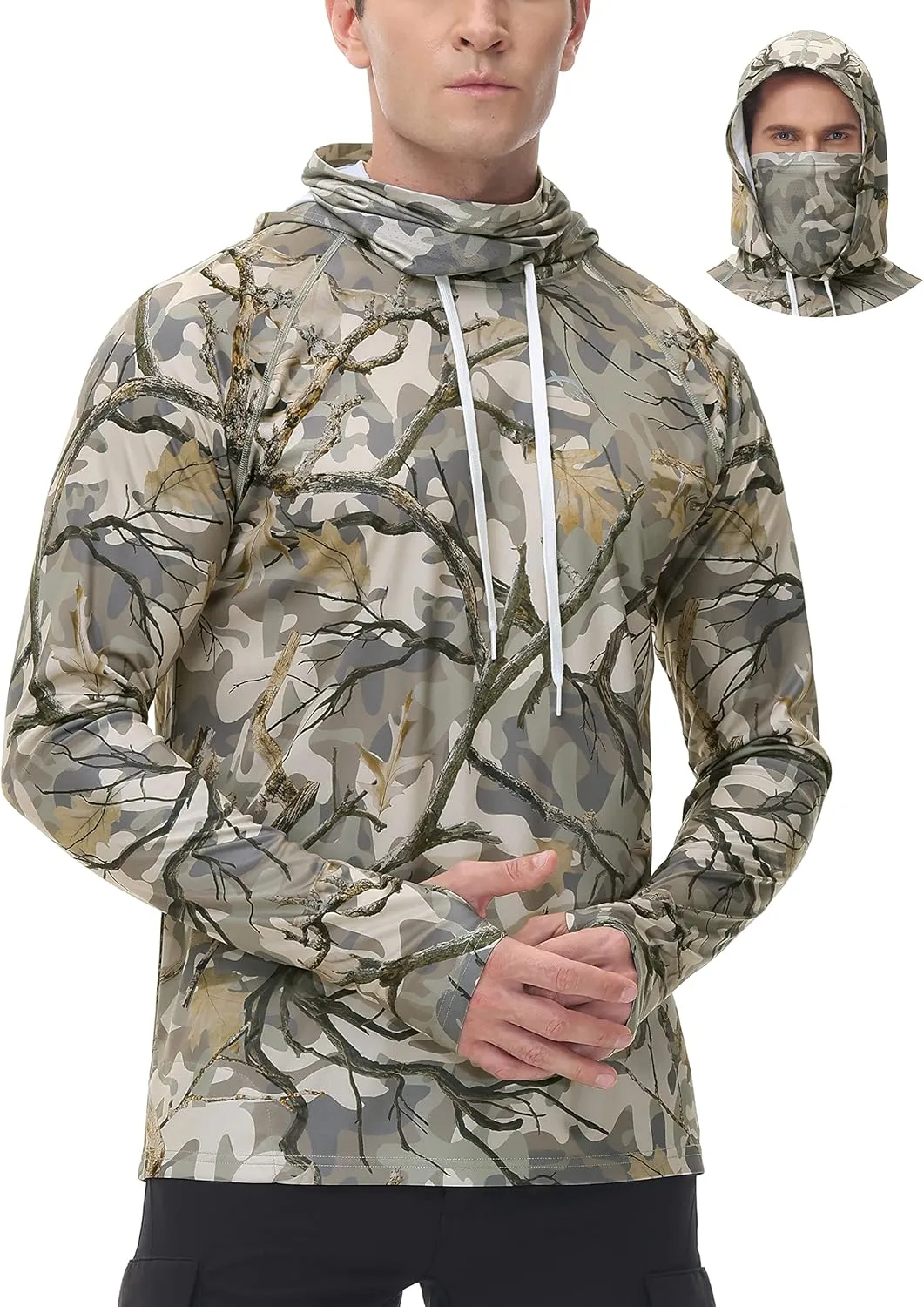 FISHEAL Men's Hunting Shirts with Mask - UPF 50  Camo Long Sleeve Fishing Hoodie Shirt with Adjustable Drawstring