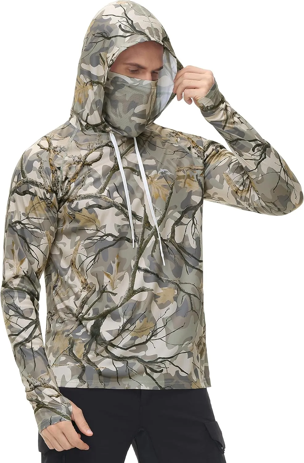 FISHEAL Men's Hunting Shirts with Mask - UPF 50  Camo Long Sleeve Fishing Hoodie Shirt with Adjustable Drawstring