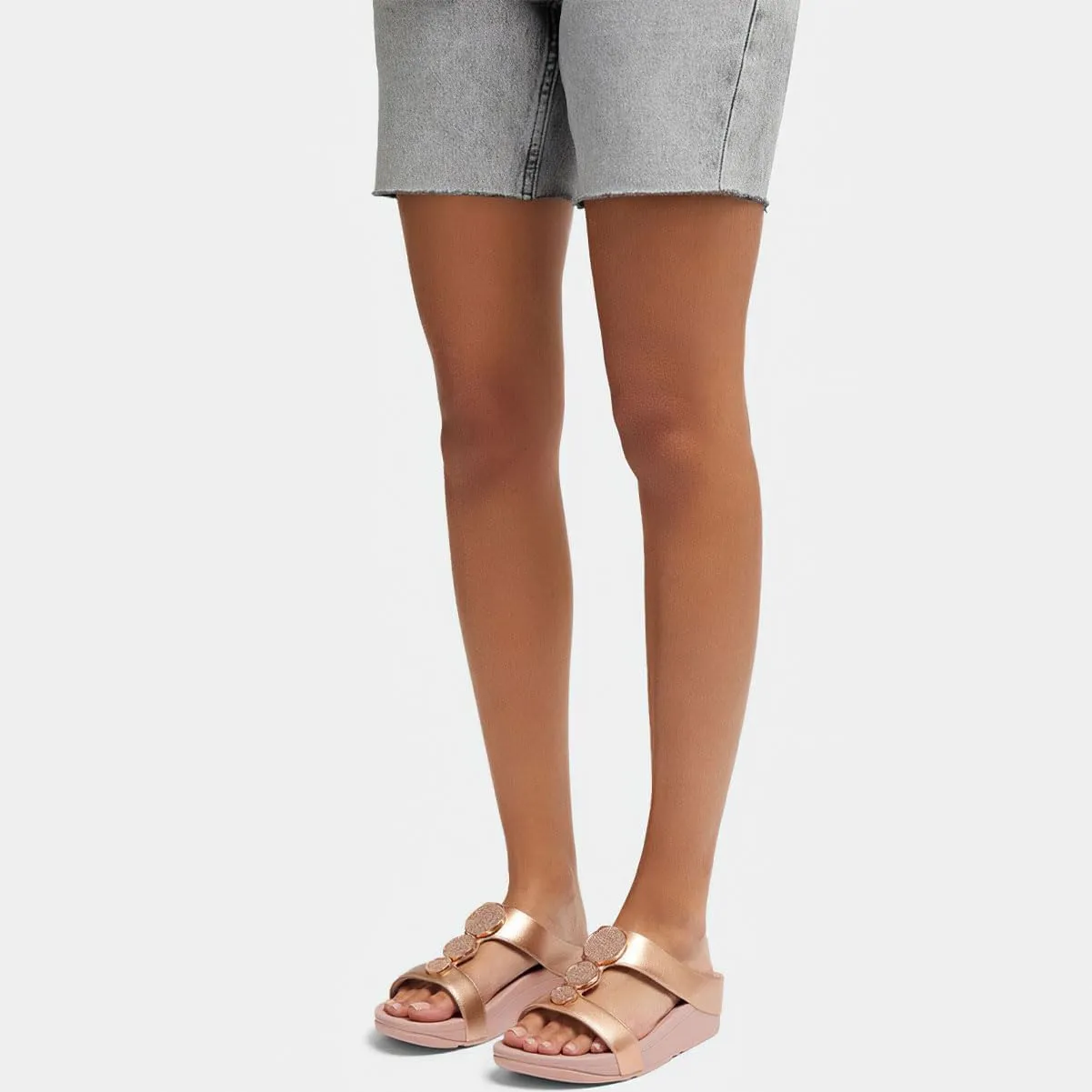 FitFlop Women's Halo Bead-Circle Metallic H-bar Slides Wedge Sandal