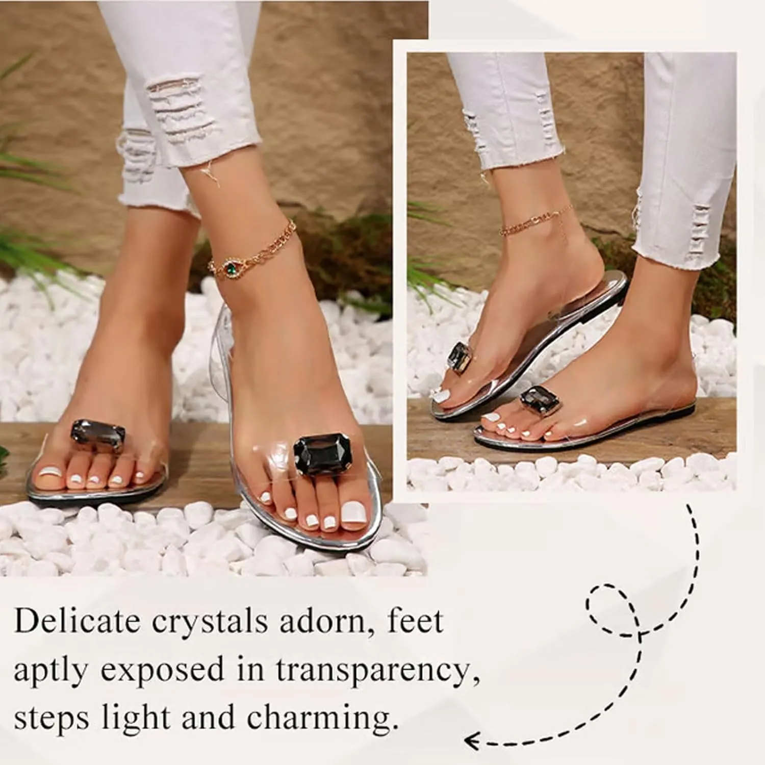 Flat Sandals with Clear Rhinestones for Women,2025 New Open Toe Leather Outdoor Beach Sparkle Transparent Sandals
