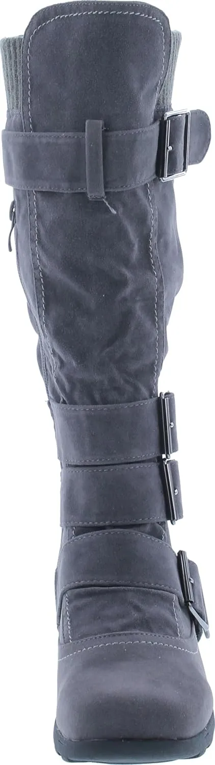 Forever Link Women's Klein-70 Closed Round Toe Buckle Slouch Flat Heel Mid-Calf Boot