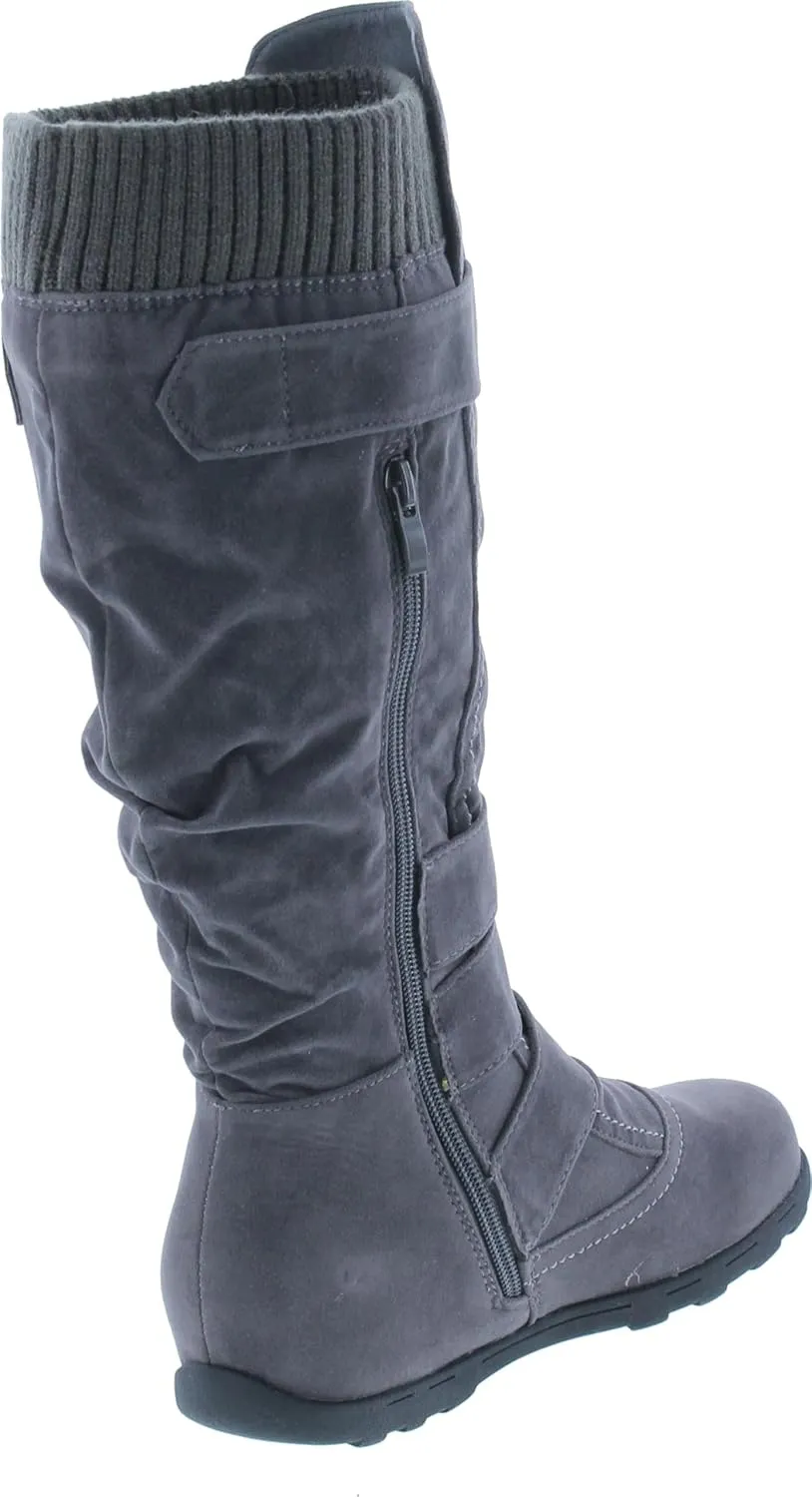 Forever Link Women's Klein-70 Closed Round Toe Buckle Slouch Flat Heel Mid-Calf Boot