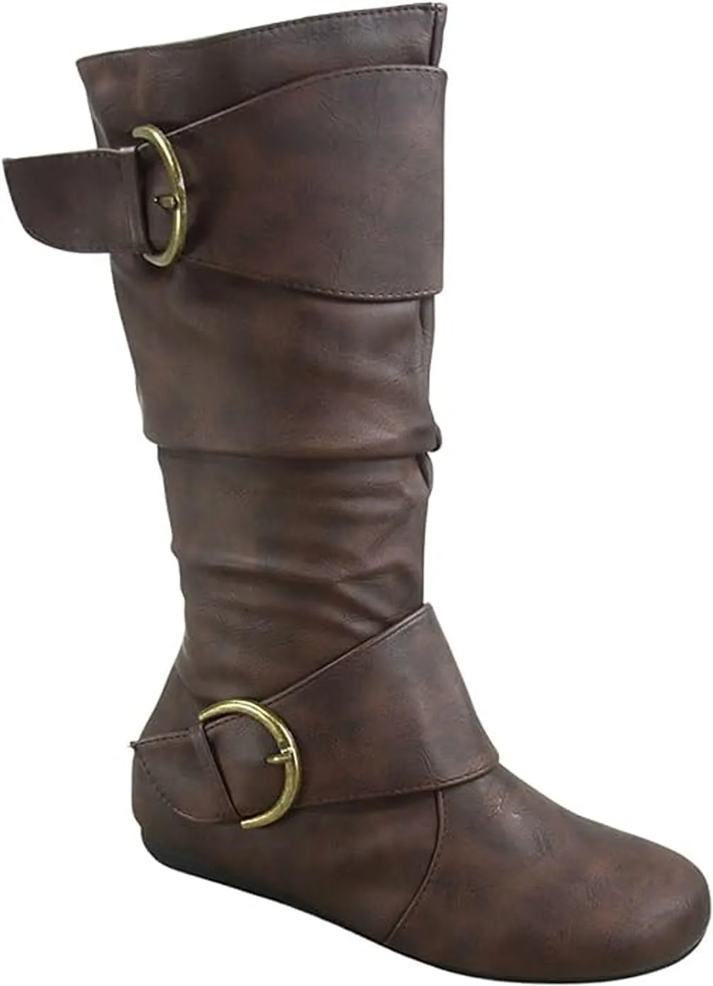 Forever Link Women's Klein-70 Closed Round Toe Buckle Slouch Flat Heel Mid-Calf Boot