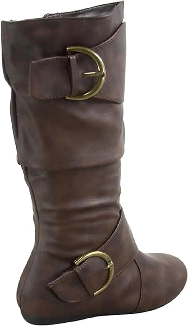 Forever Link Women's Klein-70 Closed Round Toe Buckle Slouch Flat Heel Mid-Calf Boot