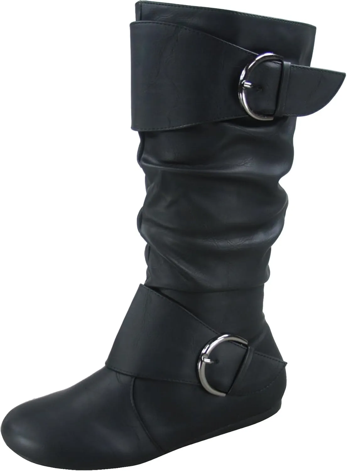 Forever Link Women's Klein-70 Closed Round Toe Buckle Slouch Flat Heel Mid-Calf Boot