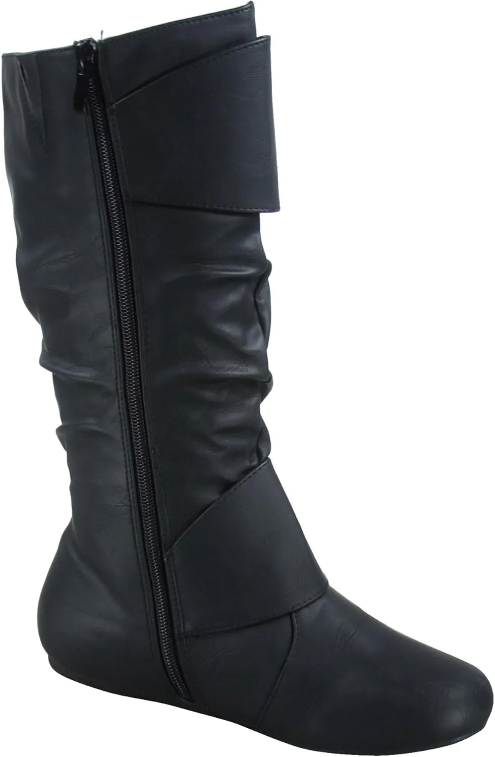 Forever Link Women's Klein-70 Closed Round Toe Buckle Slouch Flat Heel Mid-Calf Boot