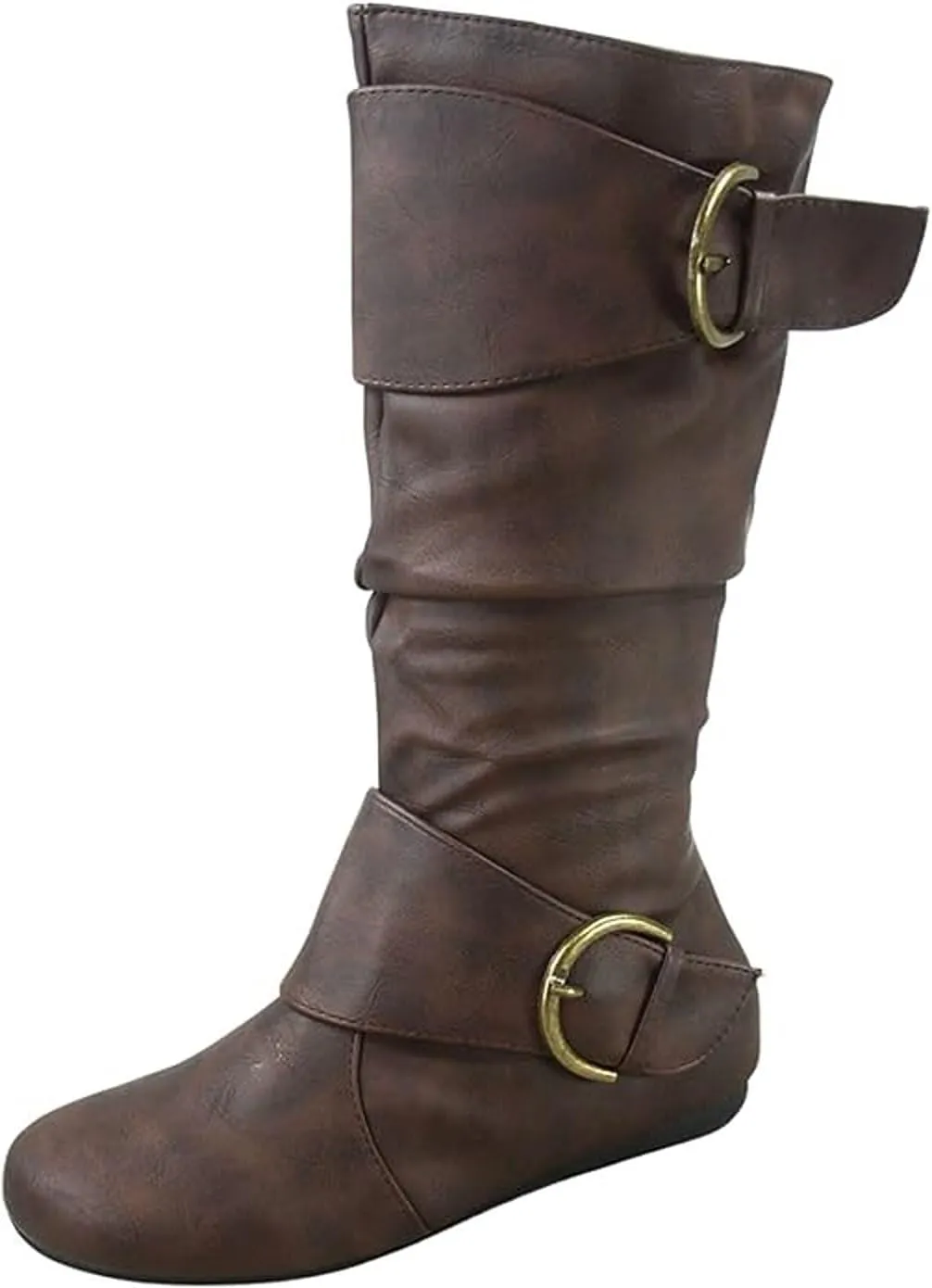 Forever Link Women's Klein-70 Closed Round Toe Buckle Slouch Flat Heel Mid-Calf Boot
