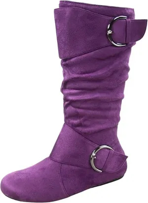 Forever Link Women's Klein-70 Closed Round Toe Buckle Slouch Flat Heel Mid-Calf Boot