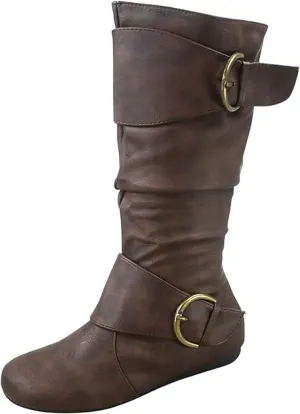 Forever Link Women's Klein-70 Closed Round Toe Buckle Slouch Flat Heel Mid-Calf Boot