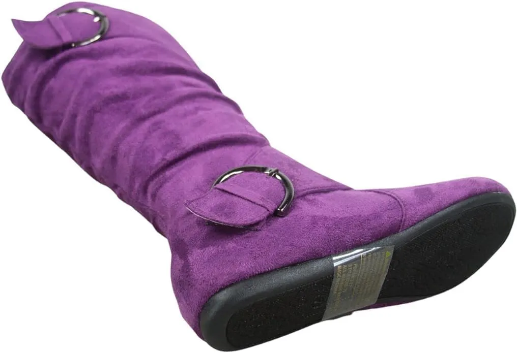 Forever Link Women's Klein-70 Closed Round Toe Buckle Slouch Flat Heel Mid-Calf Boot