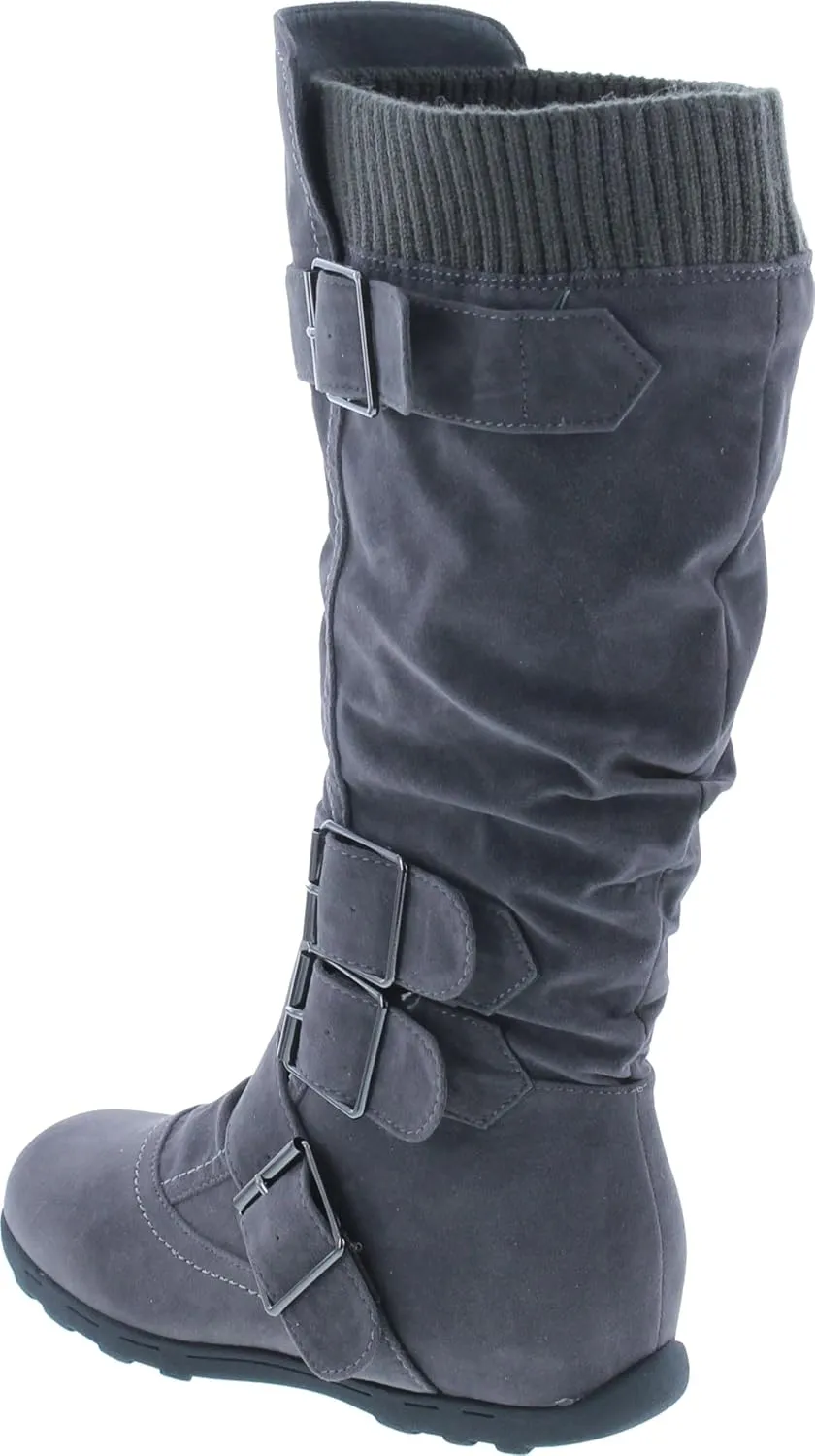 Forever Link Women's Klein-70 Closed Round Toe Buckle Slouch Flat Heel Mid-Calf Boot