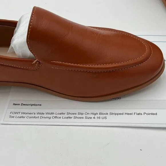 FOWT Coffe Wide Width Loafer Shoes Slip On Block Stripped Heel Pointed Toe Loafe
