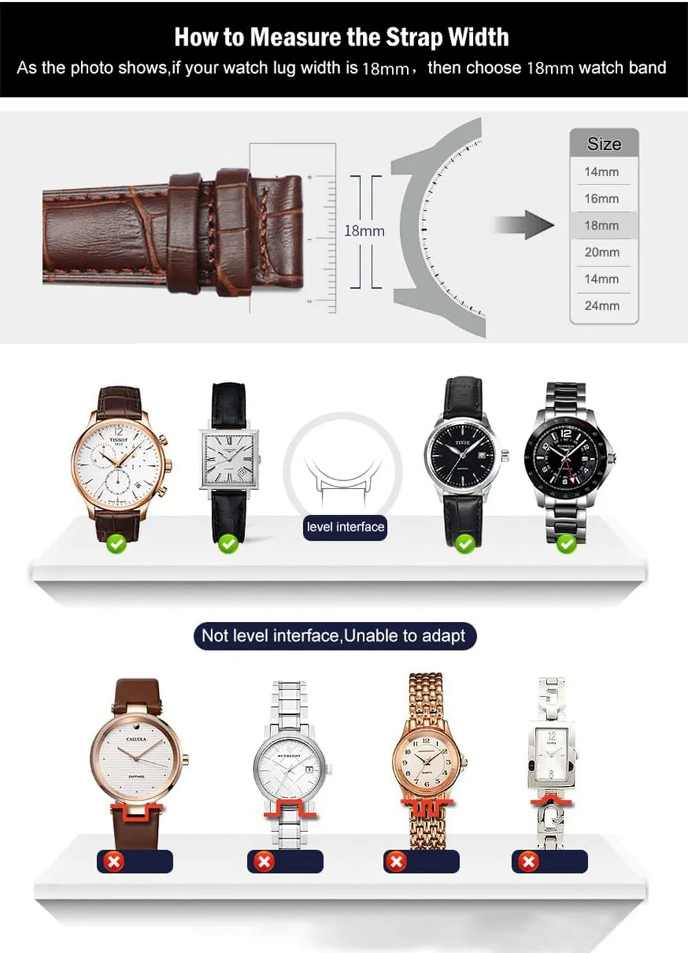 Genuine Calfskin Leather Watch Band,Alligator Grain Deployment Butterfly Buckle Replacement Strap for Men Women 18mm 20mm 22mm 24mm