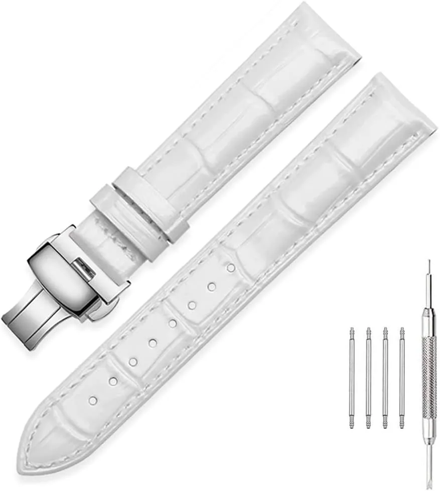 Genuine Calfskin Leather Watch Band,Alligator Grain Deployment Butterfly Buckle Replacement Strap for Men Women 18mm 20mm 22mm 24mm