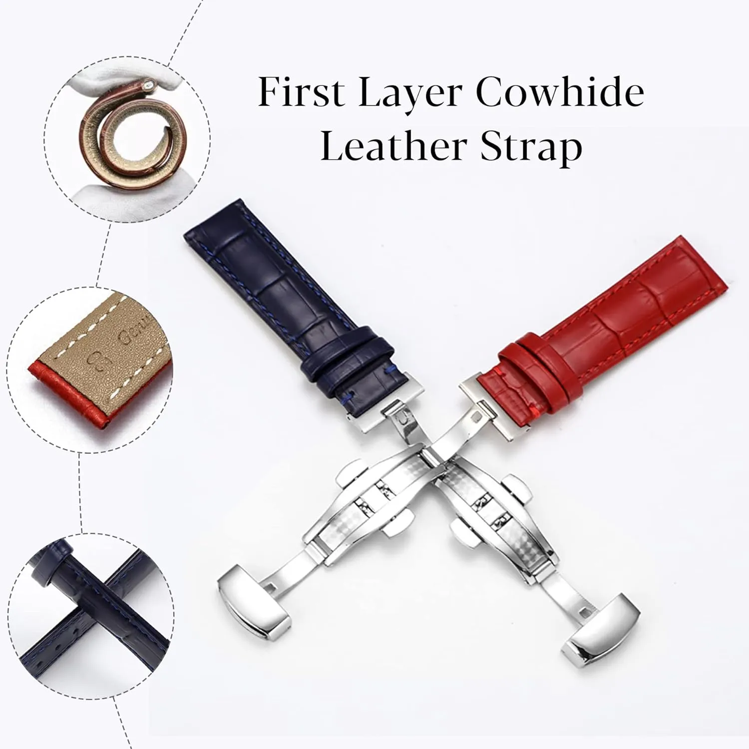 Genuine Calfskin Leather Watch Band,Alligator Grain Deployment Butterfly Buckle Replacement Strap for Men Women 18mm 20mm 22mm 24mm