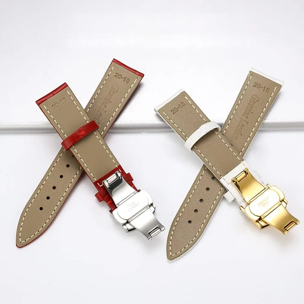 Genuine Calfskin Leather Watch Band,Alligator Grain Deployment Butterfly Buckle Replacement Strap for Men Women 18mm 20mm 22mm 24mm