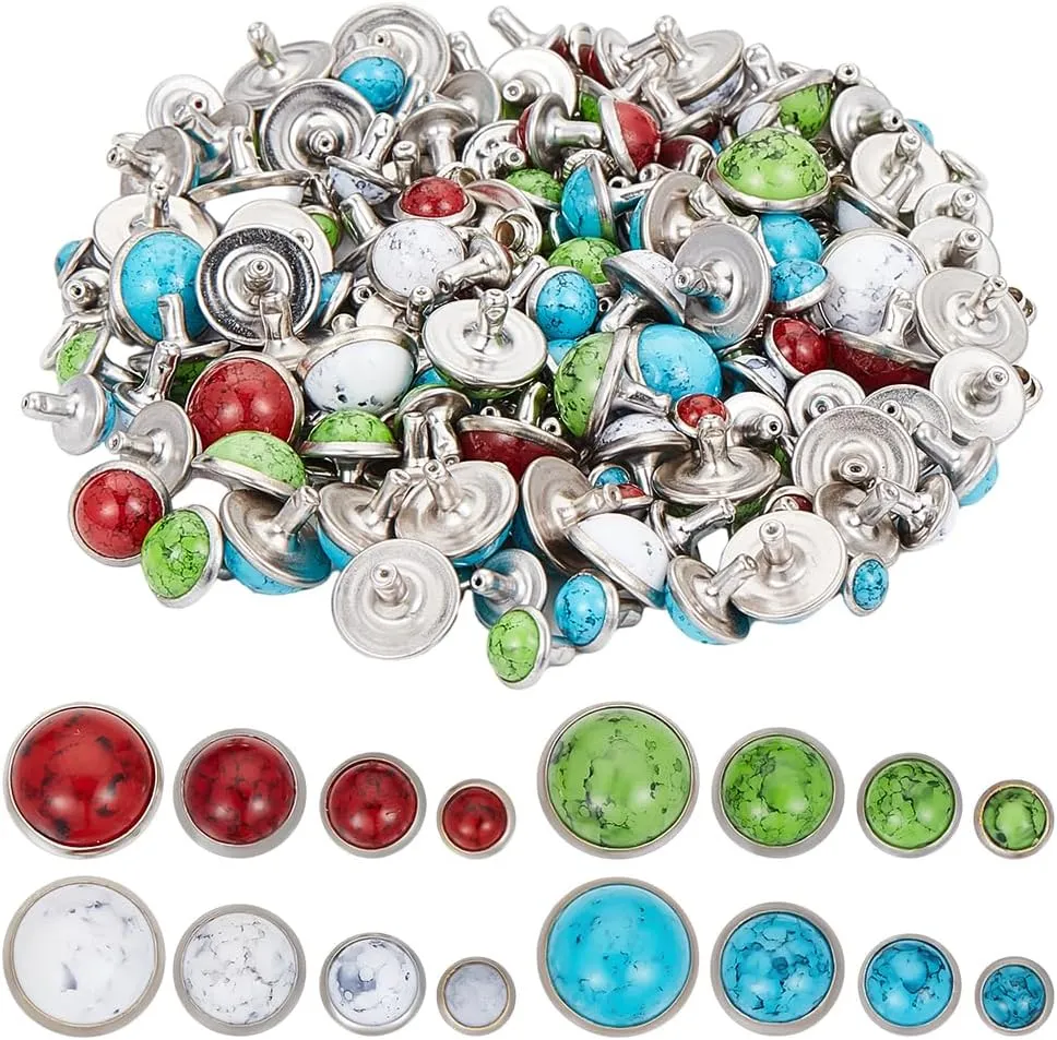 GOMAKERER 144 Pcs 4 Colors Turquoise Rapid Rivets Studs 6mm 8mm 10mm 12mm, Flat Round Rivets Studs DIY Imitation Leather Rivets Craft for Belt Boots Jacket Garment Accessories
