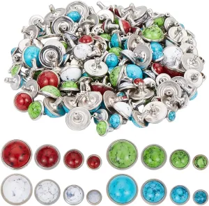 GOMAKERER 144 Pcs 4 Colors Turquoise Rapid Rivets Studs 6mm 8mm 10mm 12mm, Flat Round Rivets Studs DIY Imitation Leather Rivets Craft for Belt Boots Jacket Garment Accessories