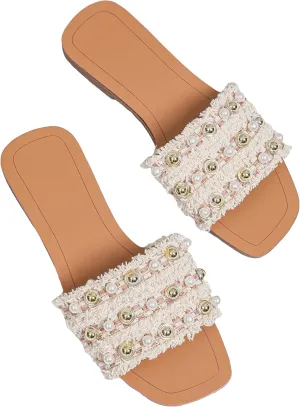 GORGLITTER Women's Summer Beach Flat Cute Sandals 2025 Color Block Faux Pearls Decor Leather Flat Slides