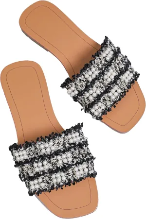 GORGLITTER Women's Summer Beach Flat Cute Sandals 2025 Color Block Faux Pearls Decor Leather Flat Slides