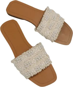 GORGLITTER Women's Summer Beach Flat Cute Sandals 2025 Color Block Faux Pearls Decor Leather Flat Slides