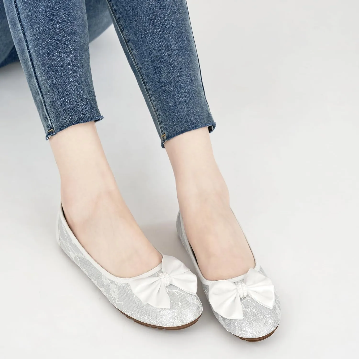 HARENCE Ballet Flats for Women Dressy: Comfortable Round Toe Bow Lace Mesh Wedding Flat Casual Slip On Walking Work Dress Shoes