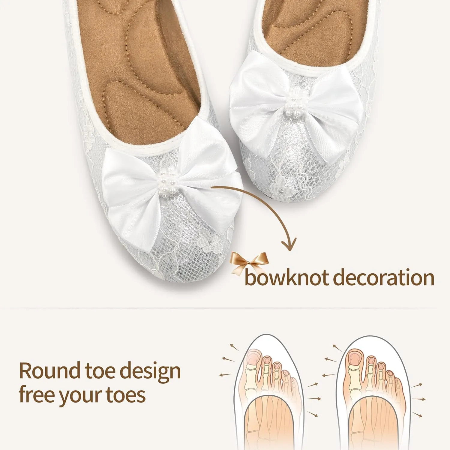 HARENCE Ballet Flats for Women Dressy: Comfortable Round Toe Bow Lace Mesh Wedding Flat Casual Slip On Walking Work Dress Shoes