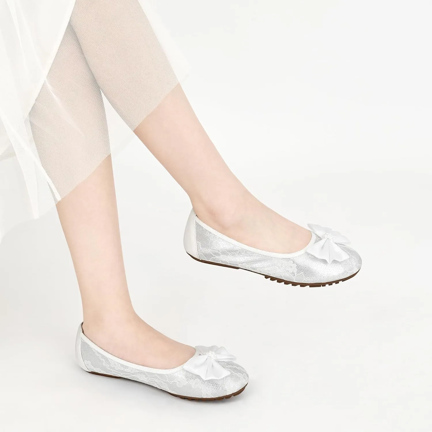 HARENCE Ballet Flats for Women Dressy: Comfortable Round Toe Bow Lace Mesh Wedding Flat Casual Slip On Walking Work Dress Shoes