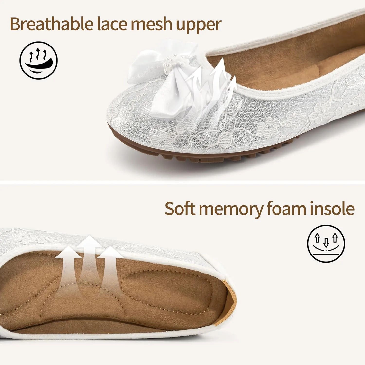 HARENCE Ballet Flats for Women Dressy: Comfortable Round Toe Bow Lace Mesh Wedding Flat Casual Slip On Walking Work Dress Shoes