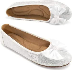 HARENCE Ballet Flats for Women Dressy: Comfortable Round Toe Bow Lace Mesh Wedding Flat Casual Slip On Walking Work Dress Shoes