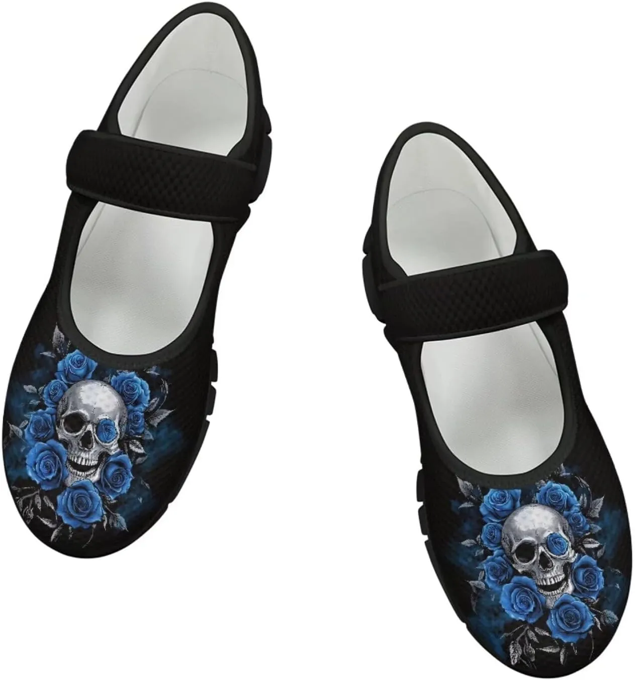 Howilath Gothic Skull Print Womens Mary Jane Shoes Flats Round Toe Ballet Flats Dress Dance Shoe swith Magic Sticker