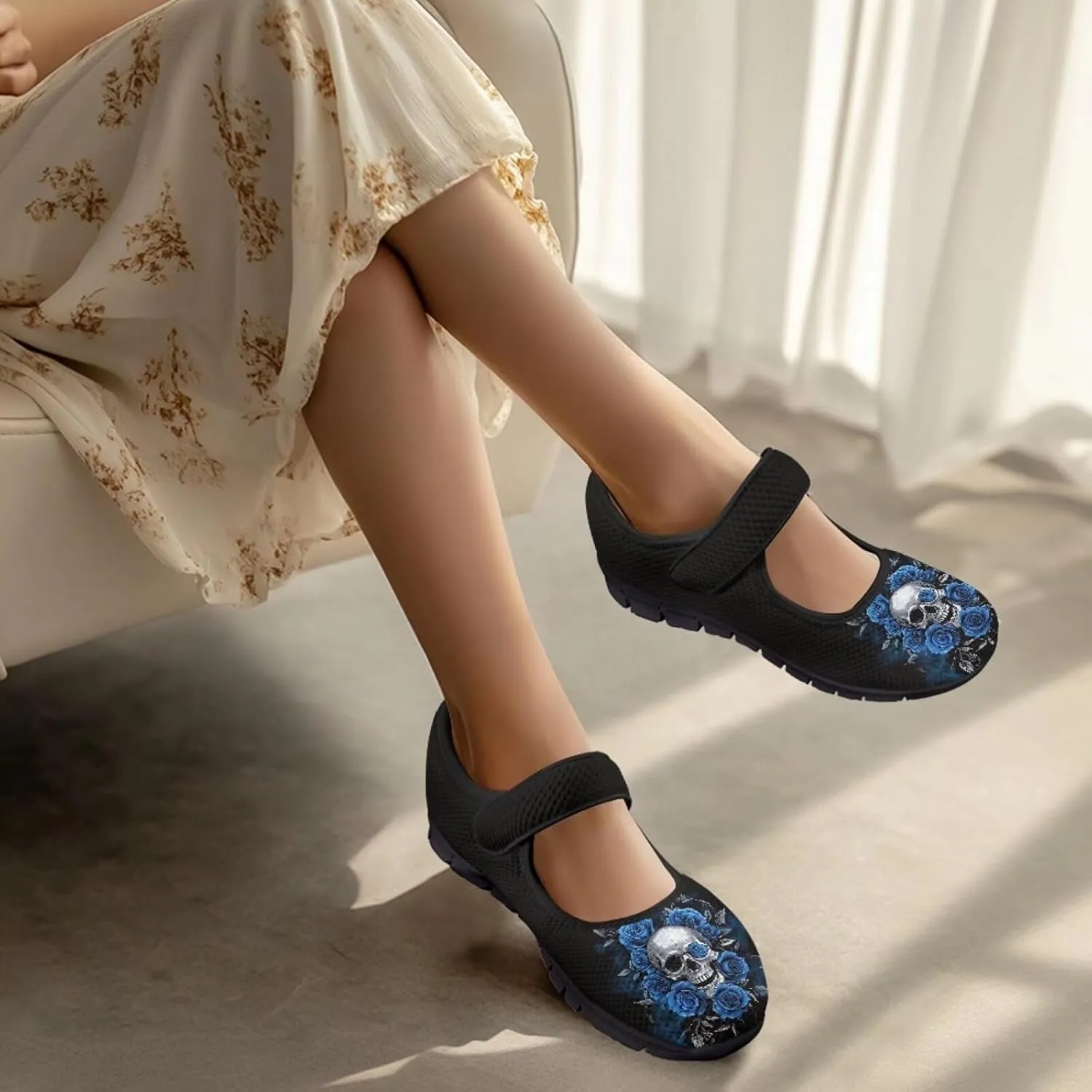 Howilath Gothic Skull Print Womens Mary Jane Shoes Flats Round Toe Ballet Flats Dress Dance Shoe swith Magic Sticker