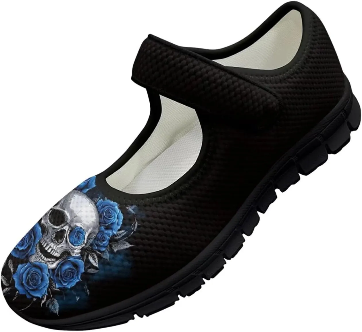 Howilath Gothic Skull Print Womens Mary Jane Shoes Flats Round Toe Ballet Flats Dress Dance Shoe swith Magic Sticker