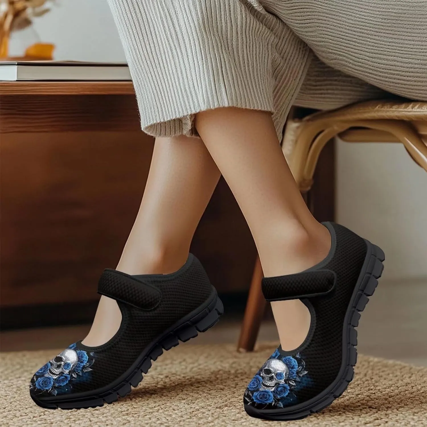 Howilath Gothic Skull Print Womens Mary Jane Shoes Flats Round Toe Ballet Flats Dress Dance Shoe swith Magic Sticker