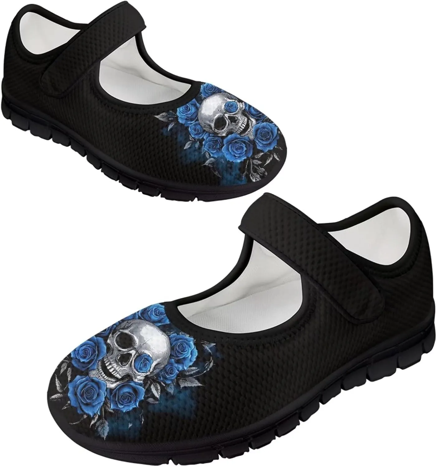 Howilath Gothic Skull Print Womens Mary Jane Shoes Flats Round Toe Ballet Flats Dress Dance Shoe swith Magic Sticker