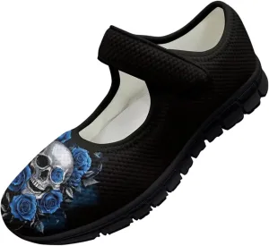 Howilath Gothic Skull Print Womens Mary Jane Shoes Flats Round Toe Ballet Flats Dress Dance Shoe swith Magic Sticker