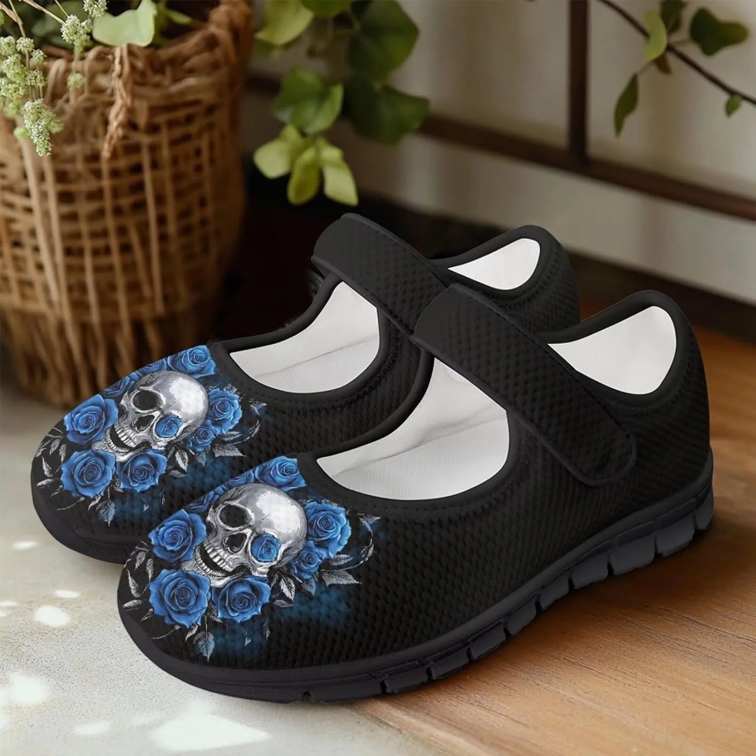 Howilath Gothic Skull Print Womens Mary Jane Shoes Flats Round Toe Ballet Flats Dress Dance Shoe swith Magic Sticker