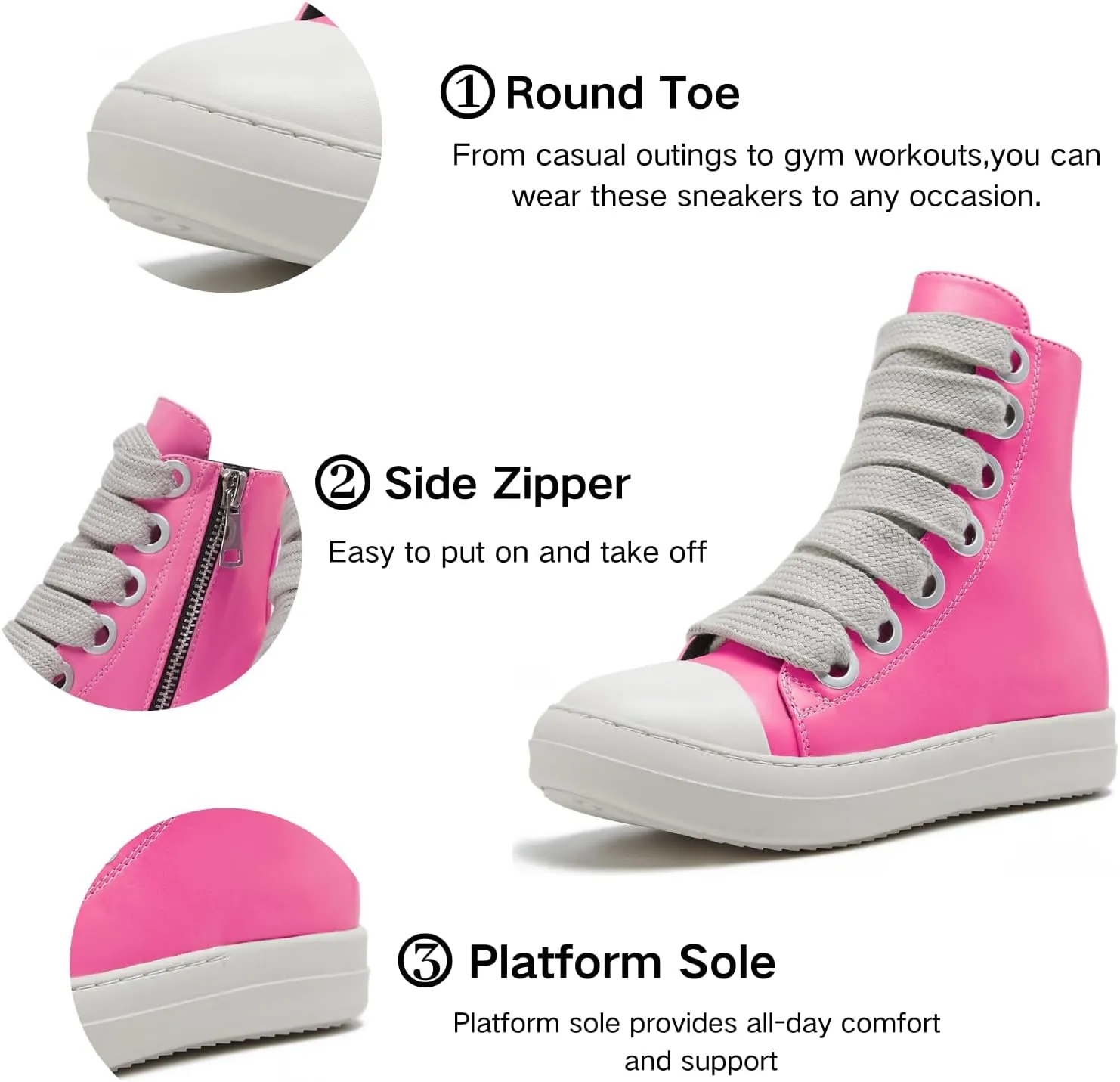 IMPREMEY Women's High Top Sneakers Lace Up PU Leather Shoes with Thick Soles and Zipper, Fashionable Walking Shoes