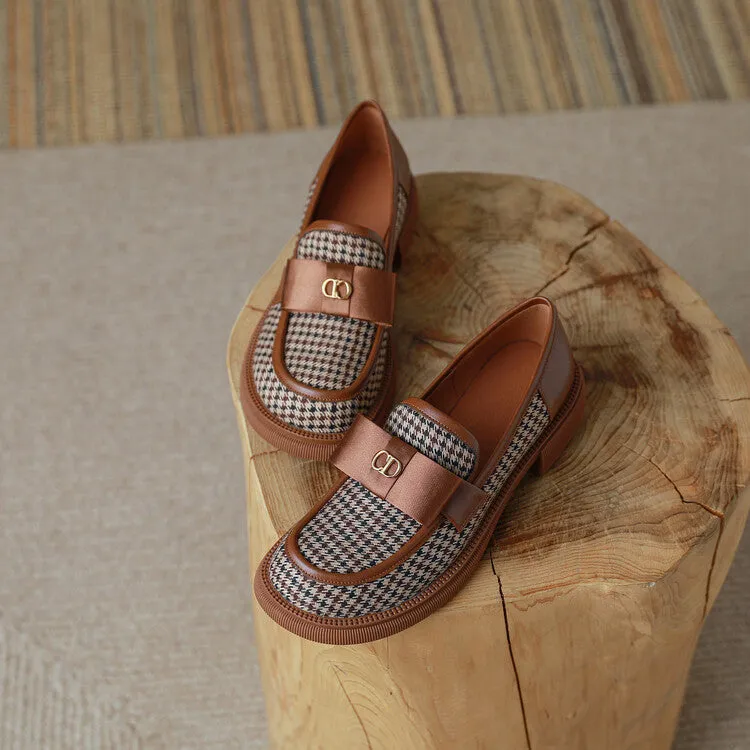 Ladies Round Toe Houndstooth  Bow Detail Flat Loafers