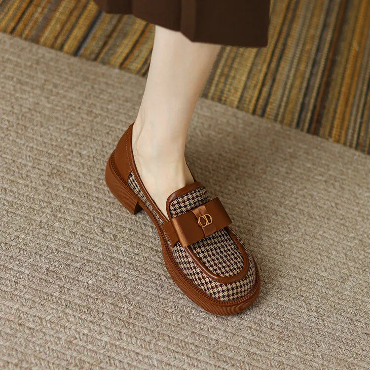 Ladies Round Toe Houndstooth  Bow Detail Flat Loafers