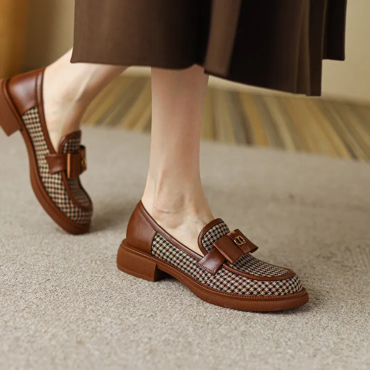 Ladies Round Toe Houndstooth  Bow Detail Flat Loafers
