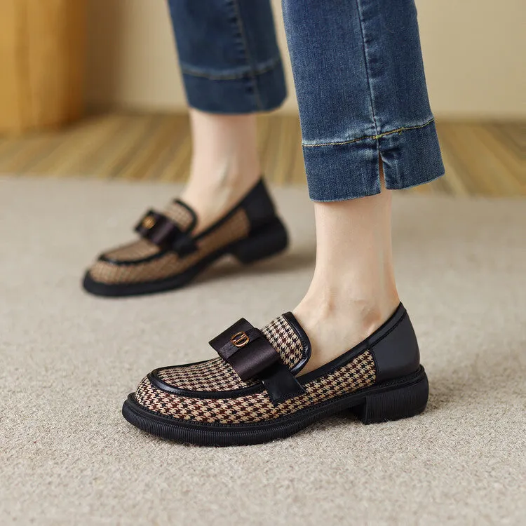 Ladies Round Toe Houndstooth  Bow Detail Flat Loafers